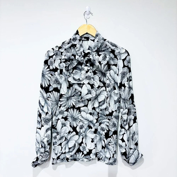 THE KOOPLES Black floral silk shirt | Pussycat bow blouse | Size 0 * - Picture 4 of 12